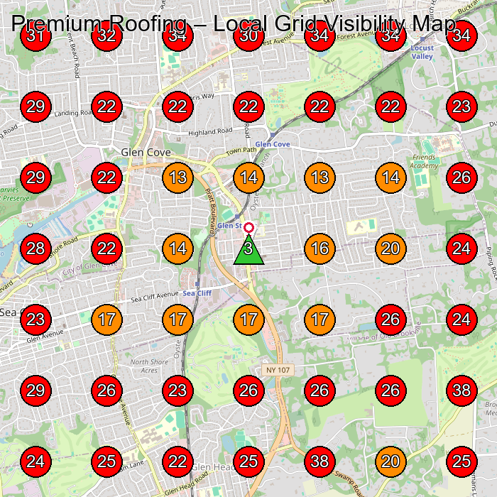 Premium Roofing GeoGrid visibility map for Roofing Contractor in Glen Cove